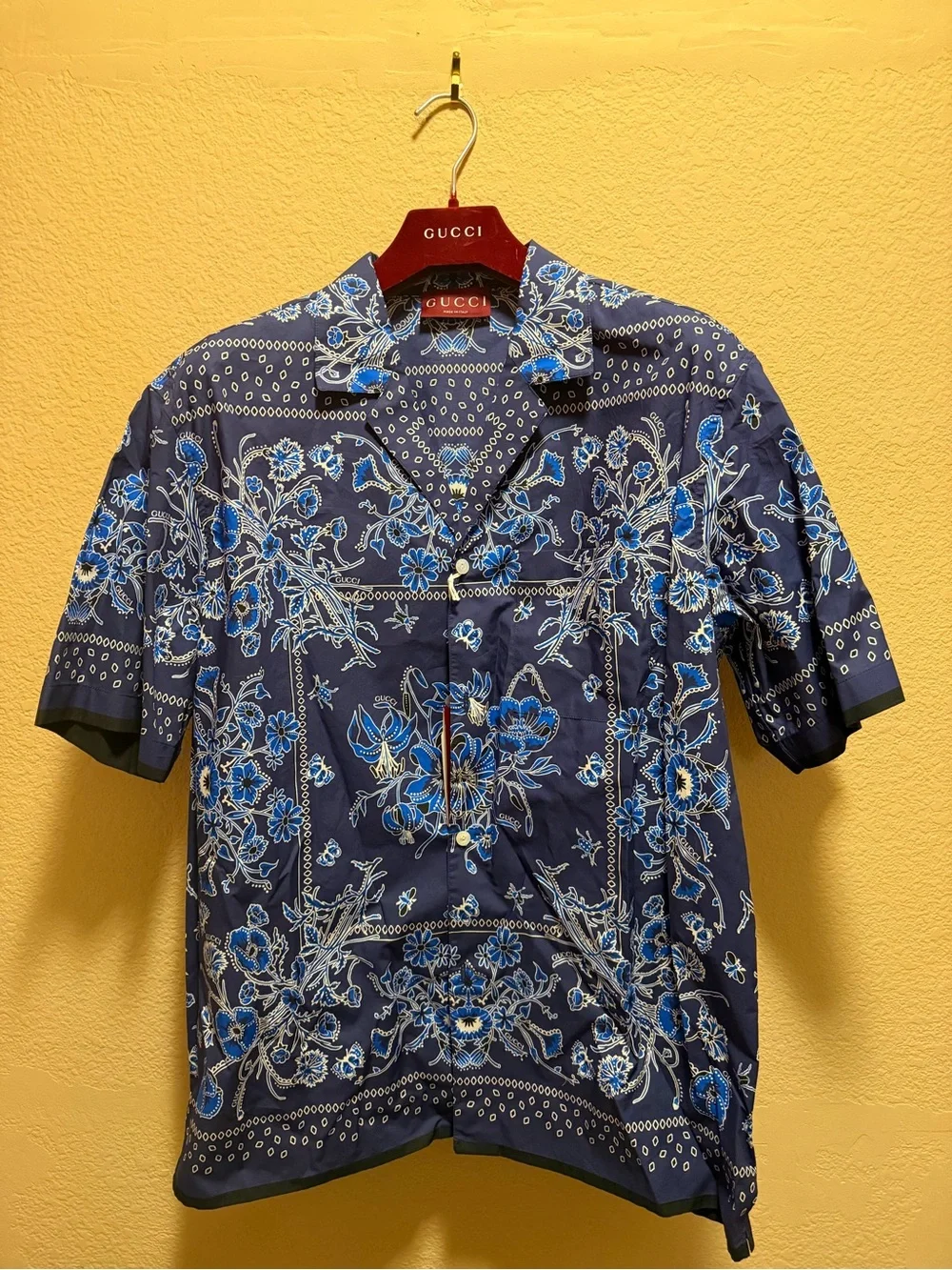 New Authentic Gucci Logo Button Up Floral Shirt Navy White Size IT 52 / US L
